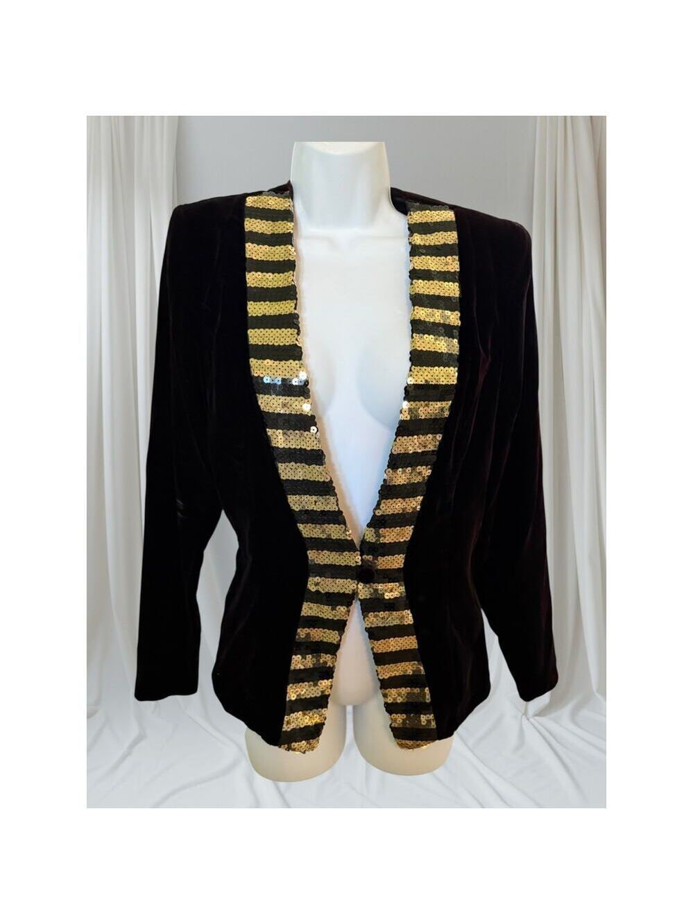 Vintage Scott McClintock Black Velvet Gold Sequin Evening Blazer USA, Size 6